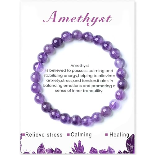 ZAULER Handmade Amethyst Crystal Bracelet for Women Men, 8mm Nature Stone Beaded Jewelry for Stress Relief