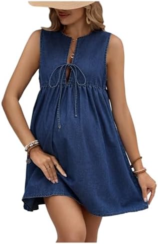SOLY HUX Women's Maternity Sleeveless Tie Front Denim Short Dresses