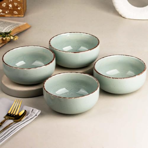 Image of The Earth Store Glossy Mint Marble 580ml Each Ceramic Bowls Set of 4 for Serving Snacks, Pasta, Noodle, Maggi, Cereal Microwave Safe Bowl Set | Perfect for Gifting, Daily Use