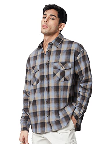 Image of The Souled Store| Checks: Brown & Beige Mens and Boys Shirts|Full Sleeve|Loose fit Checks|100% Cotton Multicolored Men Utility Shirts Shirt For Men Casual Half Sleeves Regular Fit Printed Stylish Late
