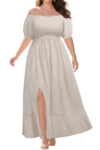 Women's Plus Size Summer Floral Beige Maxi Dress Off Shoulder Sundress