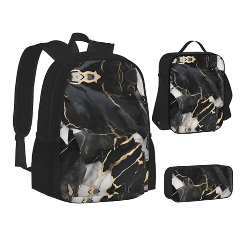 Light Black Marble Print 3 Piece Set Backpack, Lunch Bag, Pencil Case, Cute Sturdy For College And Travel2