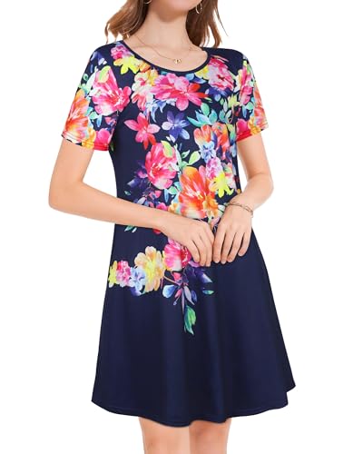 Image of Womens Summer Dresses Beach Casual Loose Tshirt Floral Short Sleeve Flowy Pockets Sundresses 2026