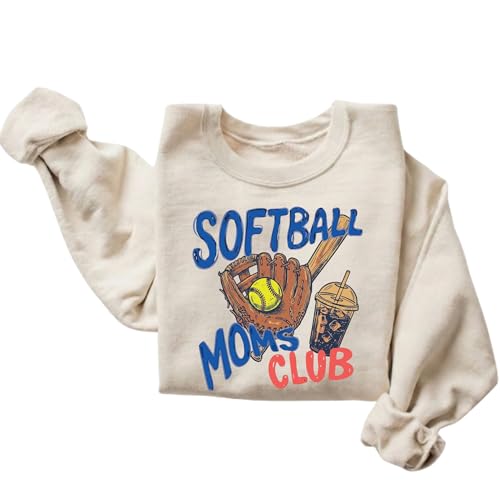 FITIN Softball Moms Club Sweatshirt Cute Game Day Softball Mom Graphic Pullover (US Alpha Medium Regular Regular Sand)
