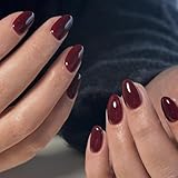 Burgundy Dark Red Press on Nails Short Oval Round Nails Glue on, SXVME Short Fake Nails Press ons, Acrylic False Nails Handmade of Gel, Best Thick Natural Almond Nails for Big & Petite Fingers, 24Pcs