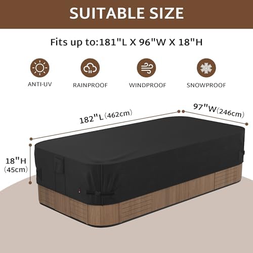 iBirdie Outdoor Waterproof Hot Tub Swim SPA Cover 182 x 97 inch fit 8 x 15 ft, 180 x 96, 178 x 92, 176 x 90, 600D Heavy Duty Weatherproof Rectangle Protectors Protective Rectangular Cover Cap