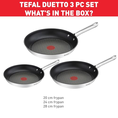 Tefal A704S3 Duetto 3-delige koekenpannenset, 20, 24 en 28 cm, anti-aanbaklaag, geïntegreerde temperatuurindicator, geschikt voor alle warmtebronnen, ook voor inductiekookplaten, roestvrij staal/zwart - Afbeelding 2