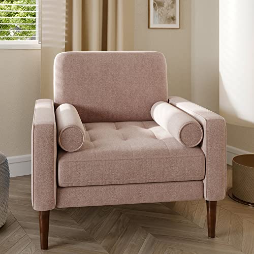 Belleze Mid Century Modern Accent Chair, Upholstered Oversized Living Room Chair Armchair Comfy Linen Reading Chair For Adults Sofa Chair For Bedroom Office - Erik (Brick) #TOP1