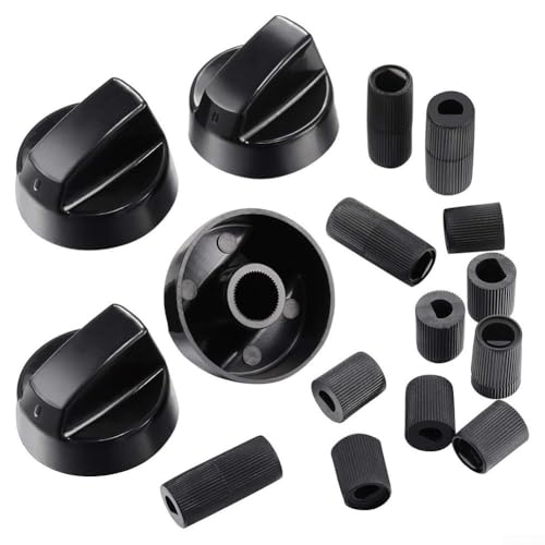 Stove and Oven Control Knobs Replacement Set with 4 Black ABS Knobs and 12 Mixed Size Adapters for Ranges RVs and Camping Cooking Appliances, Inner Diameter 0.43 Inch