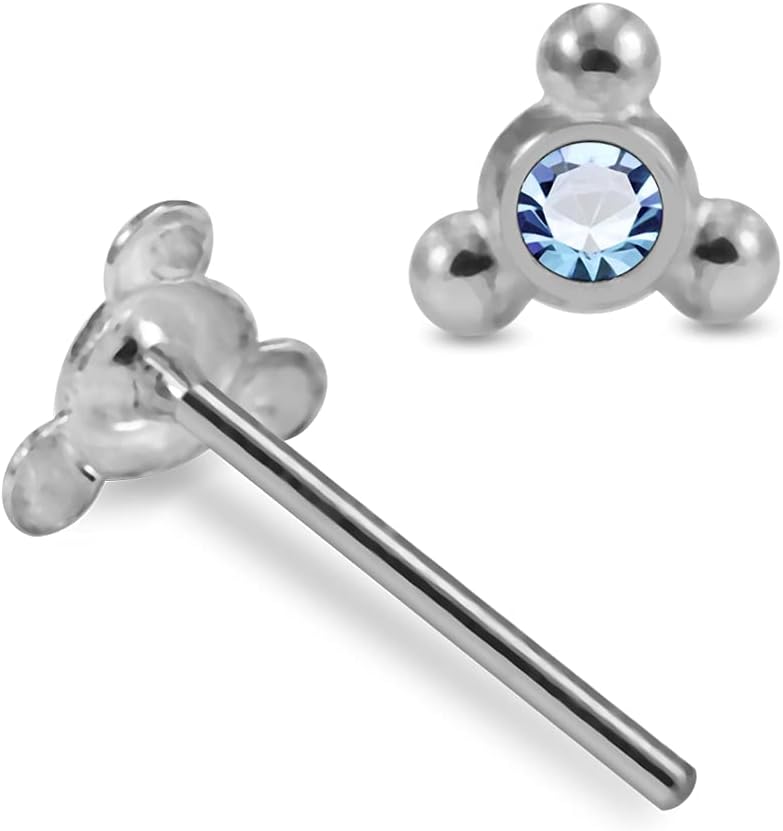 Crystal Stone Triple Dot Ball 22 Gauge 925 Sterling Silver Straight Nose Pin - Nose Stud - Tiny Nose Ring - Nose Piercing Body Jewelry