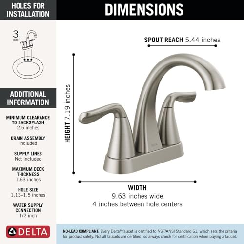 Delta Faucet Arvo Centerset Bathroom Faucet Brushed Nickel, Bathroom Sink Faucet, Drain Assembly Included, SpotShield Stainless 25840LF-SP by DELTA - Image 3