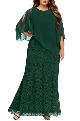 Pinup Fashion Plus Size Formal Dress Emerald Green Cristmas Holiday Evening Gowns Prom Lace Chiffon Wedding Guest Cape Gala Long Dress