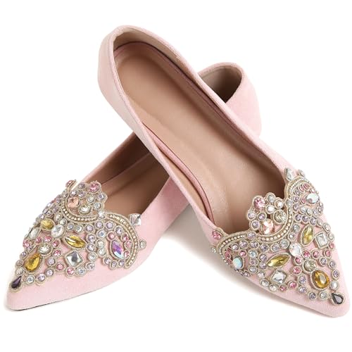 Flats for Women Bling Rhinestone Pointed Flat Shoes Comfort Slip on Low Heel Wedding Dress Shoes Ballet Flat Shoe