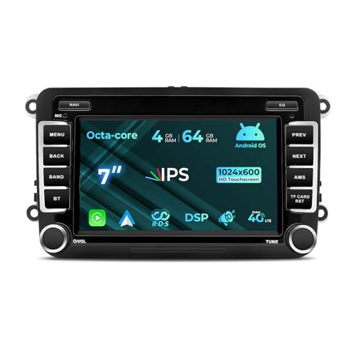 Autoradio 8 core 4 + 64 GB] per VW Golf Passat Touran Caddy Seat Skoda, 7 pollici IPS Screen Radio con Wireless Carplay/Android Auto Bluetooth WLAN 4G GPS Navi DSP FM/AM RDS SWC opzionale DAB+