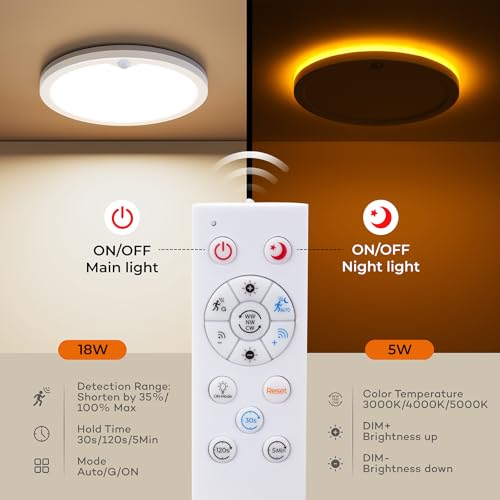 Annaror 2Pack Motion Sensor Ceiling Light with Remote, 8.7 Inch Wired Motion Sensor Light Indoor 3000K/4000K/5000K, 1800LM Dimmable Motion Activated Light for Closet Hallway Stairs White by Annaror - Image 6