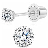14k White Gold Solitaire Small Round Cubic Zirconia Tiny CZ Studs in Secure Screw-backs | Solid 14-Karat Gold CZ Earrings for Women 2.5mm
