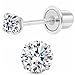 14k White Gold Solitaire Cubic Zirconia CZ Stud Earrings with Secure Screw-backs (2.5mm)
