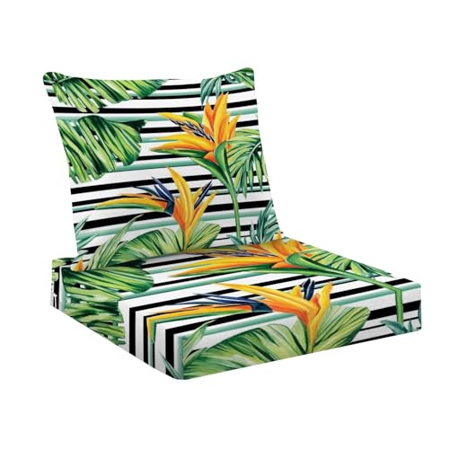 AURFIAIUOP Outdoor Deep Seat Cushion Set 24 x 24 Inch, Exotic Tropic Plants Composed Palm Banana Leaves Paradise Strelitzia Waterproof Patio Furniture Lounge Chair Cushions for Wicker Seat Sofa Couch