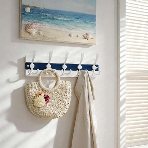 Image of SKOLOO Coastal Wall Mounted Coat Rack - 16-7 /8 inch Beach House Entryway Wooden Coat Hook with 5 Hooks for Hanging Coats, Hats or Towels, Oceanfront Cottage Core Collection, White & Blue