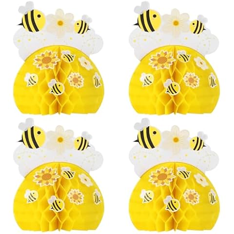 Tedux 4Pcs Honeycomb Decorations, Honey Bee Table Centerpieces with Bee Flower Stickers & Paper Clip Threads,Bee Party Decorations for Baby Shower Birthday Party Cover
