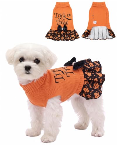 CuteBone Halloween Dog Sweater Dress with Bow for Small Medium Dogs &Cats
