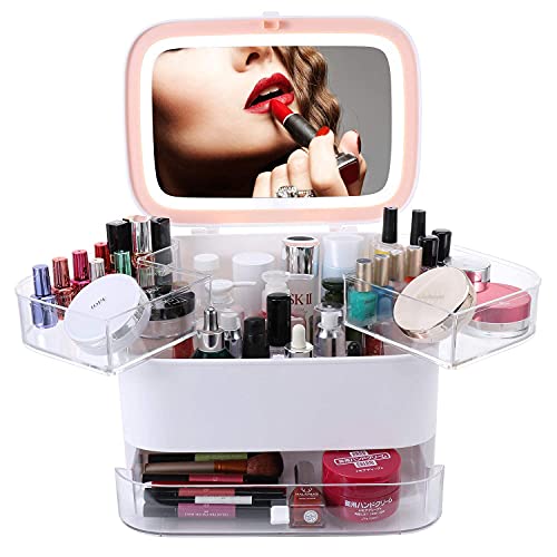Gymqian Organisateur de maquillage multifonction avec miroir de maquillage à LED, boîte de rangement transparente portable Cover