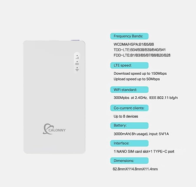 Detailed specifications of the Calonny JC151 Mobile WiFi Hotspot, including frequency bands, LTE speed, WiFi standard, battery, interface, and dimensions.