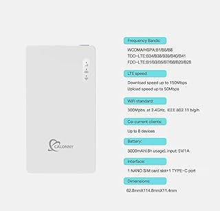Calonny Mobile WiFi Portatile Hotspot 4G LTE Sim Router Cat4 150Mbps,3000mAh Batteria Ricaricabile, Modem Wi-Fi USB wireless,per Viaggio e sul Lavoro.non navigare, modifica APN