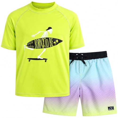 Image of Big Chill Boys Swim Set - 2 Piece Quick Dry UPF 50 Short Sleeve Rash Guard for Boys and Swim Trunks - Swimwear Set for Kids