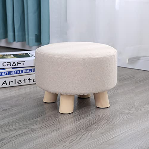 Reposapiés redondo de madera otomano con tapicería de lino, taburete pequeño acolchado para zapatos, sala de estar, dormitorio, beige, 28 x 20 cm