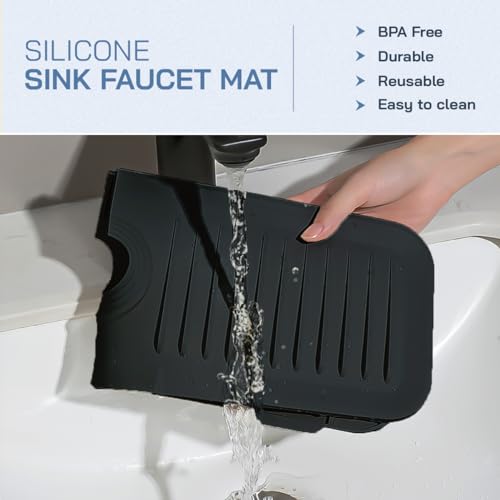 Image of Silicone Faucet Handle Drip Catcher Tray - Self-Draining Kitchen Sink Splash Guard with Adjustable Coil Opening - Sink Faucet Mat with Cleaning Towel (Black)
