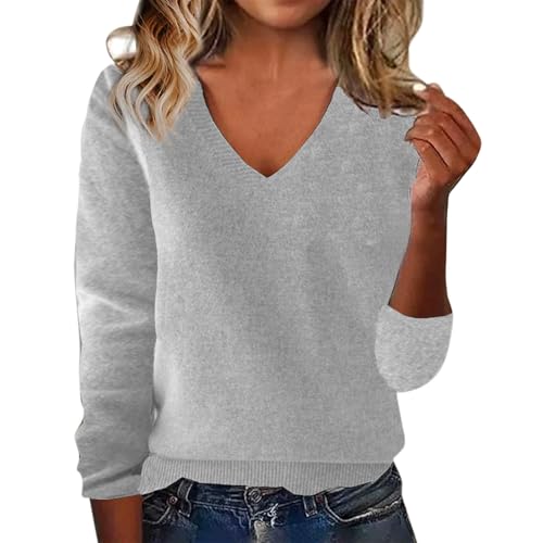 v Neck Sweaters for Women Warm Cashmere Sweaters for Women V Neck Classic Soft Pullover Sweater Loose Casual Long Sleeve 2025 Fall Winter Grey