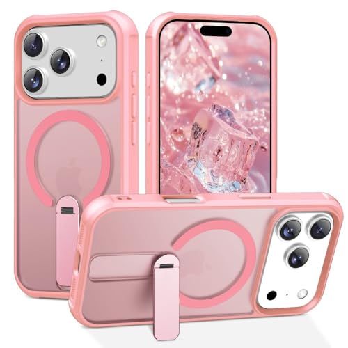 Coque iPhone 17 Pro rose silicone rigide antichoc avec béquille arrière rotative