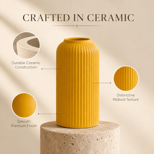 Image of Yellow Ribbed Ceramic Flower Vase 6 Inch Matte Pampas Grass & Dried Flower Vase for Home & Office Table Decor Decorative Centerpiece Gift - Vase Only
