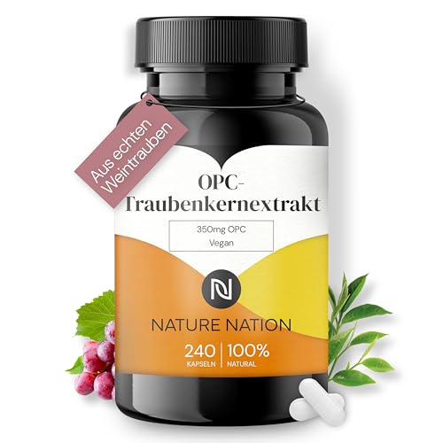 Nature Nation® OPC-Traubenkernextrakt - 240 vegane Kapseln, antioxidativ mit hoher Verfügbarkeit, Vorrat für 8 Monate, ohne Zusatzstoffe, in Deutschland produziert