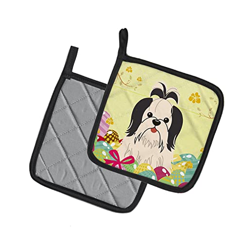 Caroline's Treasures Bb6088Pthd Easter Eggs Shih Tzu Black White Pair Of Pot Holders Kitchen Heat Resistant Pot Holders Sets Oven Hot Pads For Cooking Baking Bbq, 7 1/2 X 7 1/2 #TOP28