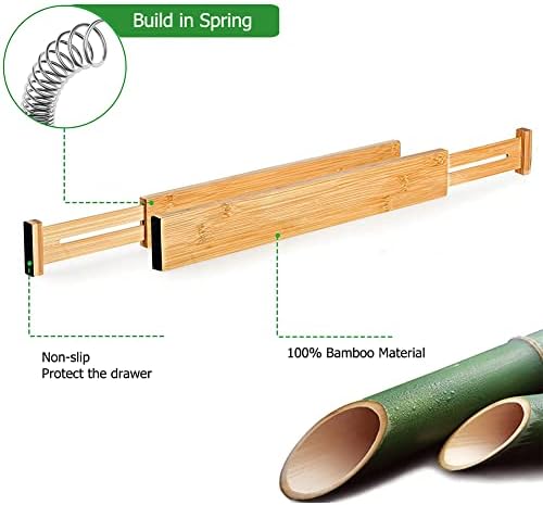 Drawer Dividers Pack of 4, Adjustable Bamboo Clothing Drawer Organizers Spring-loaded, Durable Expandable Organization Separators for Dresser, Kitchen, Bedroom, Bathroom, Office
