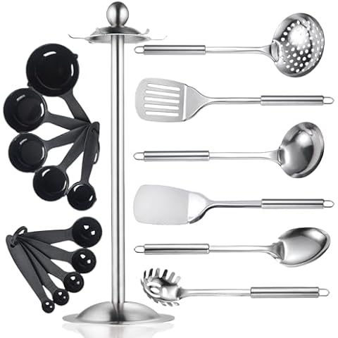 Stainless Steel Cooking Utensils Set - 17pcs Metal Kitchen Utensils Set with Rotatable Holder, Heat Resistant Cooking Kitchen Utensil Spatula Set with Ladle, Cooking Spoons, Skimmer, Pasta Server Cover