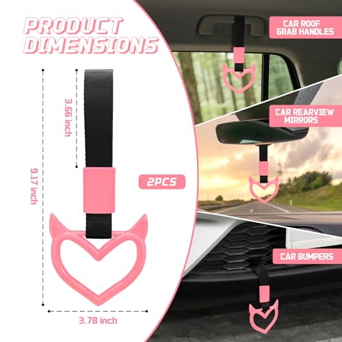 Image of 2 Pcs Devil Heart Shaped Car Handle Strap - JD M Drift Charm Rear Bumper Warning Ring Decor for Car Interior Exterior, Subway Bus Handle Accessory, Cute Heart Car Decor Gift for Drivers (Pink)