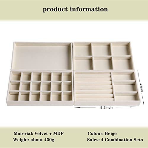 Airzsnry Stackable Jewelry Organizer Tray, Velvet Jewelry Storage Drawer Insert, Set Of 4 Beige Multi-Purpose Stacking Trays For Dresser #TOP6
