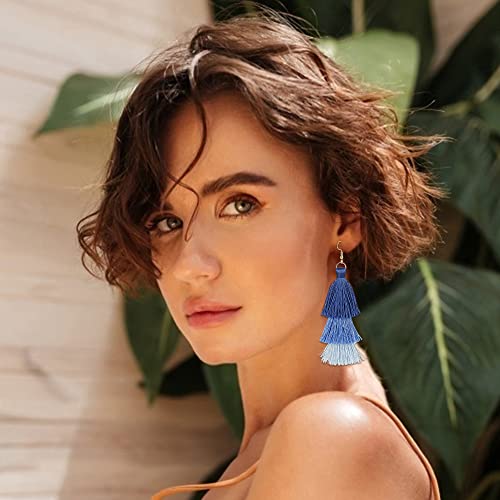 FINREZIO Dangle Tassel Blue Earring for Women Boho Earring Long Thread Tassel Earrings Bohemian Fringe Drop Handmade EarringsGradient2