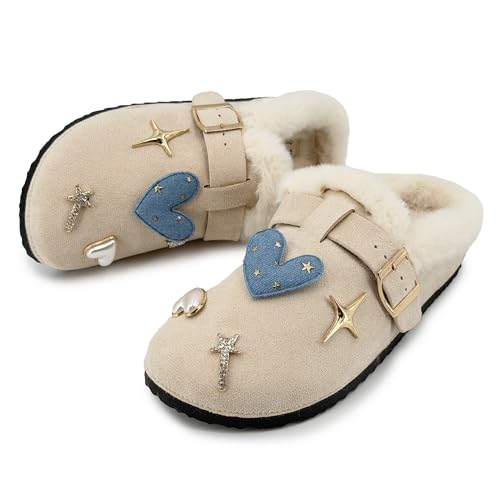 JOMIX Zapatillas Mujer Cálidas lidas de Casa Invierno Zuecos Forrados Efecto Ante Hebilla Ajustable Suela Antideslizante y Silenciosa Pantuflas Punta Cerrada Cálidas y Cómodas WCT255273 Beige 38