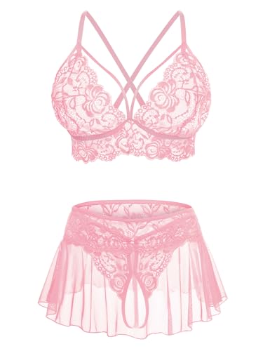 Image of CRIPOM Sexy Lingerie for Women Naughty 3 Piece Lace Bralette, Mini Skirt with G-String Crotchless Lingerie Outfits