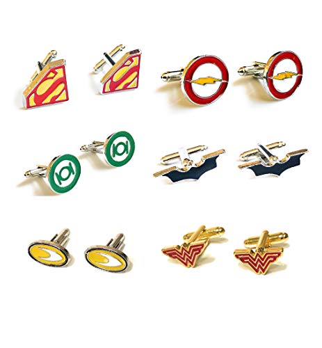 Preisvergleich Produktbild Superhelden-Manschettenknöpfe, 6er-Set, Batman, Superman, Wonder Women, Flash, Aquaman und Green Lantern DC + Kraft-Box + 6 Geschenkbeutel