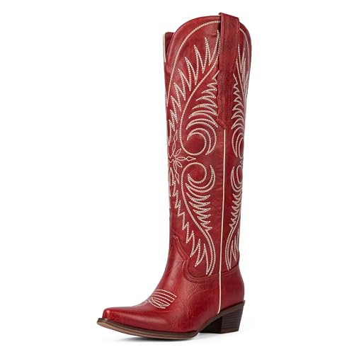 Modatope Red Cowgirl Boots for Women Knee High Red Western Boots Embroidered Cowboy Boot Pointed Toe Chunky Heel Wide Calf Tall Boots Size 9