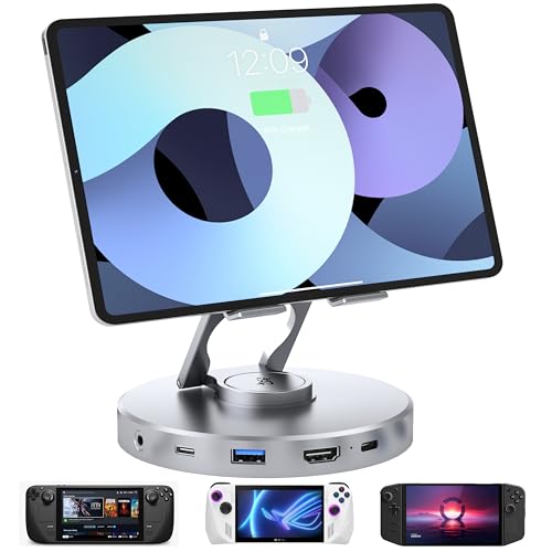 Estación de acoplamiento 10 en 1 para consola de mano para iPad con HDMI 4K a 60Hz, SD/TF 4.0 100W PD, conector de audio de 3.5 mm, USB A, USB C giratorio tipo C, soporte de tableta para iPad, Steam