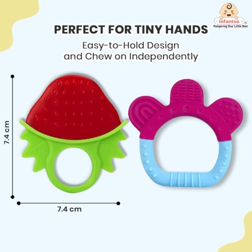 Image of Infantso Non-Toxic Food-Grade Silicone Baby Teether, BPA-Free for Pain-Relief Easy Teething, for 2+ Months Babies (Ring Blue & Strawberry Red)
