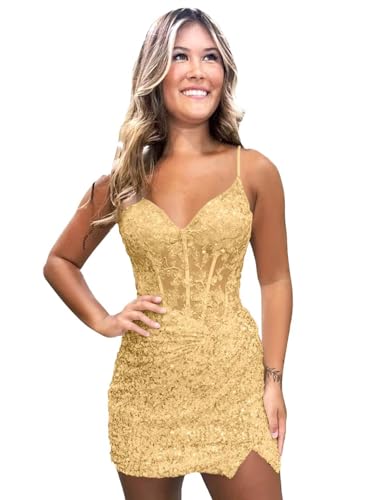 Sparkly Homecoming Dresses for Teens Short Spaghetti Straps Tight Cocktail Gowns with Slit BOF18