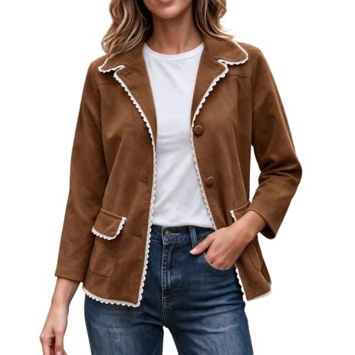 Faux Suede Jacket Women Trendy Casual Lace Scalloped Lapel Button Down Coat - image 7