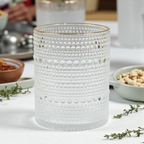 Image of Kookee Jupiter Vintage Hobnail Bubble Glass Double Old Fashioned Tumbler | Whiskey Glass Set | Cocktail Drinking Glasses | Textured Barware | Set of 6 | 300ml (12118)